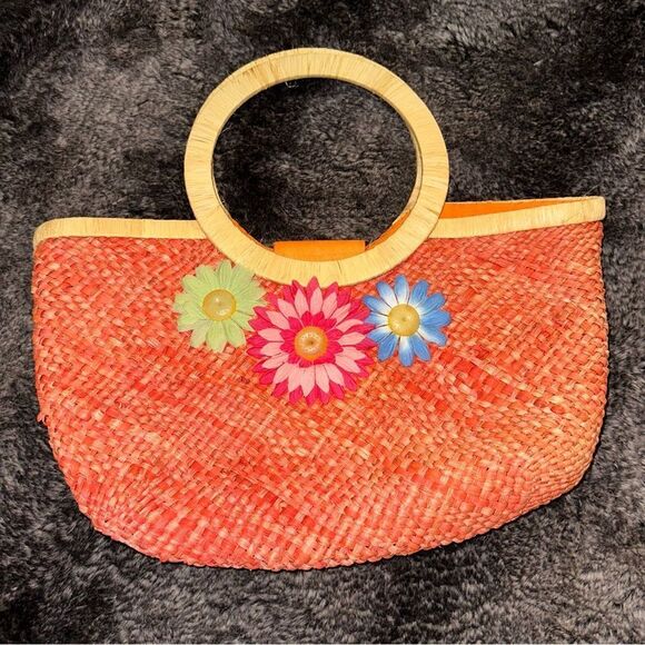 VTG Marld Orange Woven Straw Floral Medium Sz Handbag Bohemian Retro Spring 90s - Picture 1 of 8